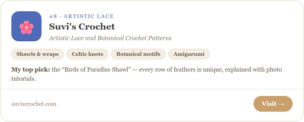 Suvi's Crochet — artistic lace and botanical crochet patterns. Free shawls, wraps, Celtic knot designs and animal amigurumi with photo tutorials for intermediate crocheters.